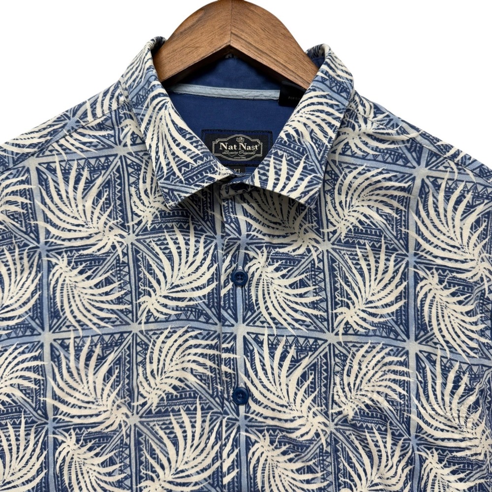 Nat Nast Button Up Shirt Mens XL‎ Silk Cotton Palm Leaf Geometric Short Sleeve